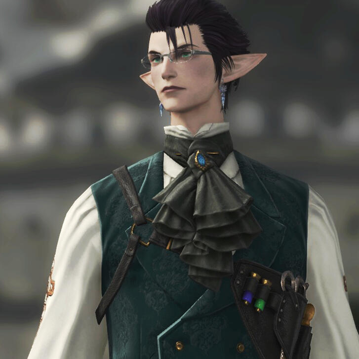 Pierre the duskwight elezen, standing in a sunset evening with a Limsa building in the background. He wears a dapper vest with tools adorning it and eyeglasses. He has piercing emerald eyes and dark blue hair with grey-black threaded in it.