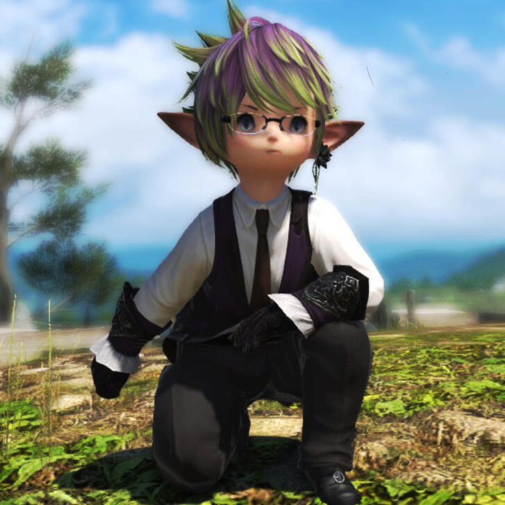 Taliesin the lalafell, kneeling in grass on top of a hill on a clear bright day. He wears a dapper suit and eyeglasses, with light blue eyes and purple hair with green highlights.