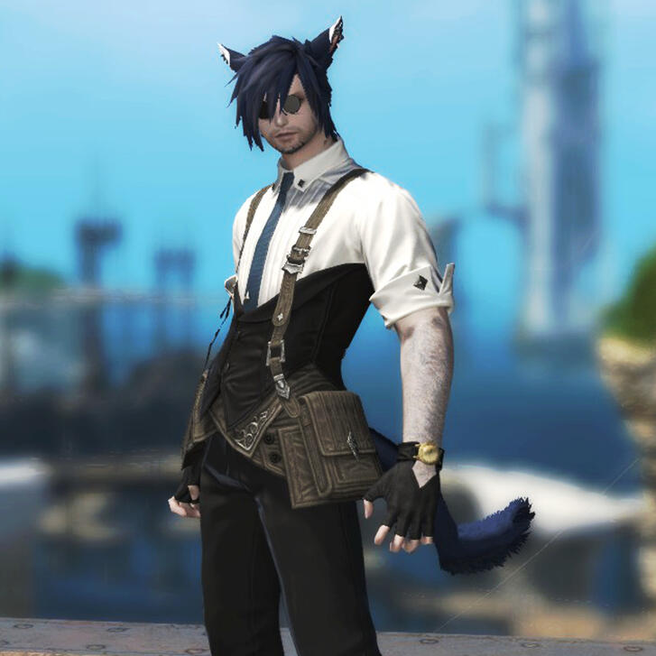 Ryan’to the miqo’te standing in a high place on a bright day in Limsa. He’s a dark and wild-haired man wearing dark pince-nez glasses, scars on his face, wearing a white dress shirt and a dark corset, a tool belt around his waist and a dark blue fluffy tai